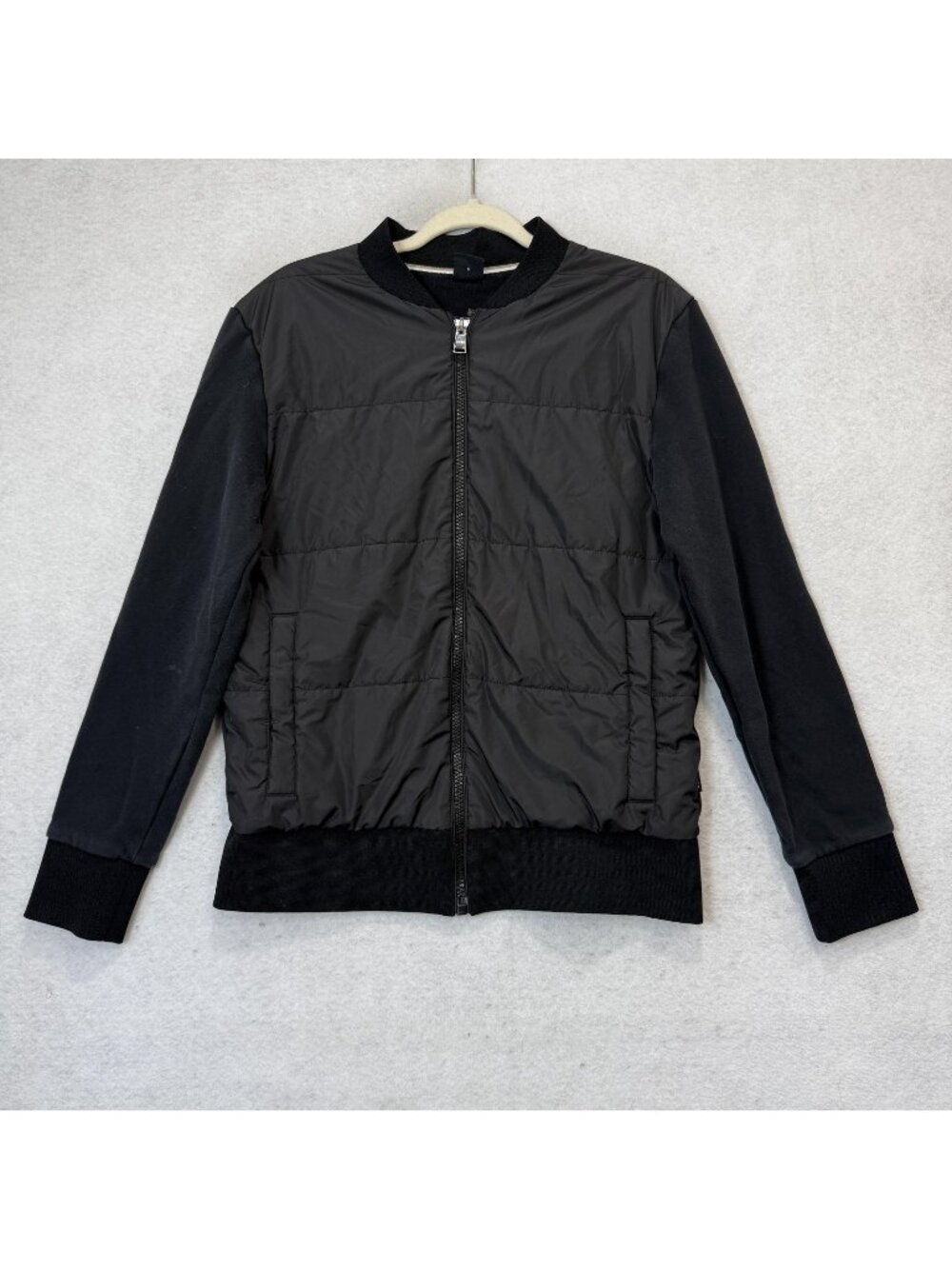 Boss Jacket Mens Large Black Quilted Bomber Full Zip Pockets Jersey Casual